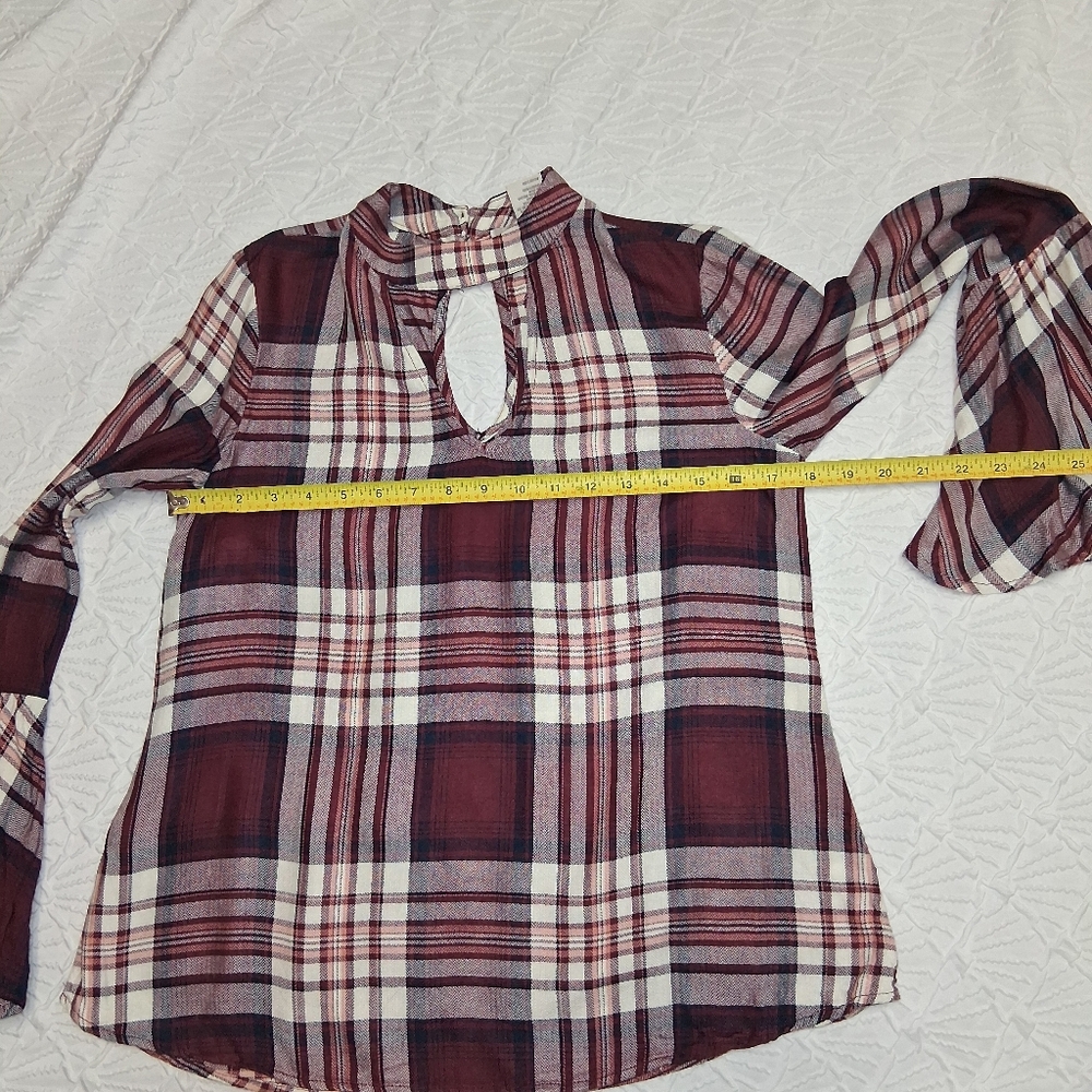 American Rag Cie Plainbell Vtg Burgundy Plaid Choker Blouse.Vtg Boho retro.Casua - Picture 5 of 16